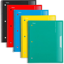 Spiral Notebook, 5 Pack, 1 Subject, College Ruled Paper, Plastic Cover, 8-1/2" x