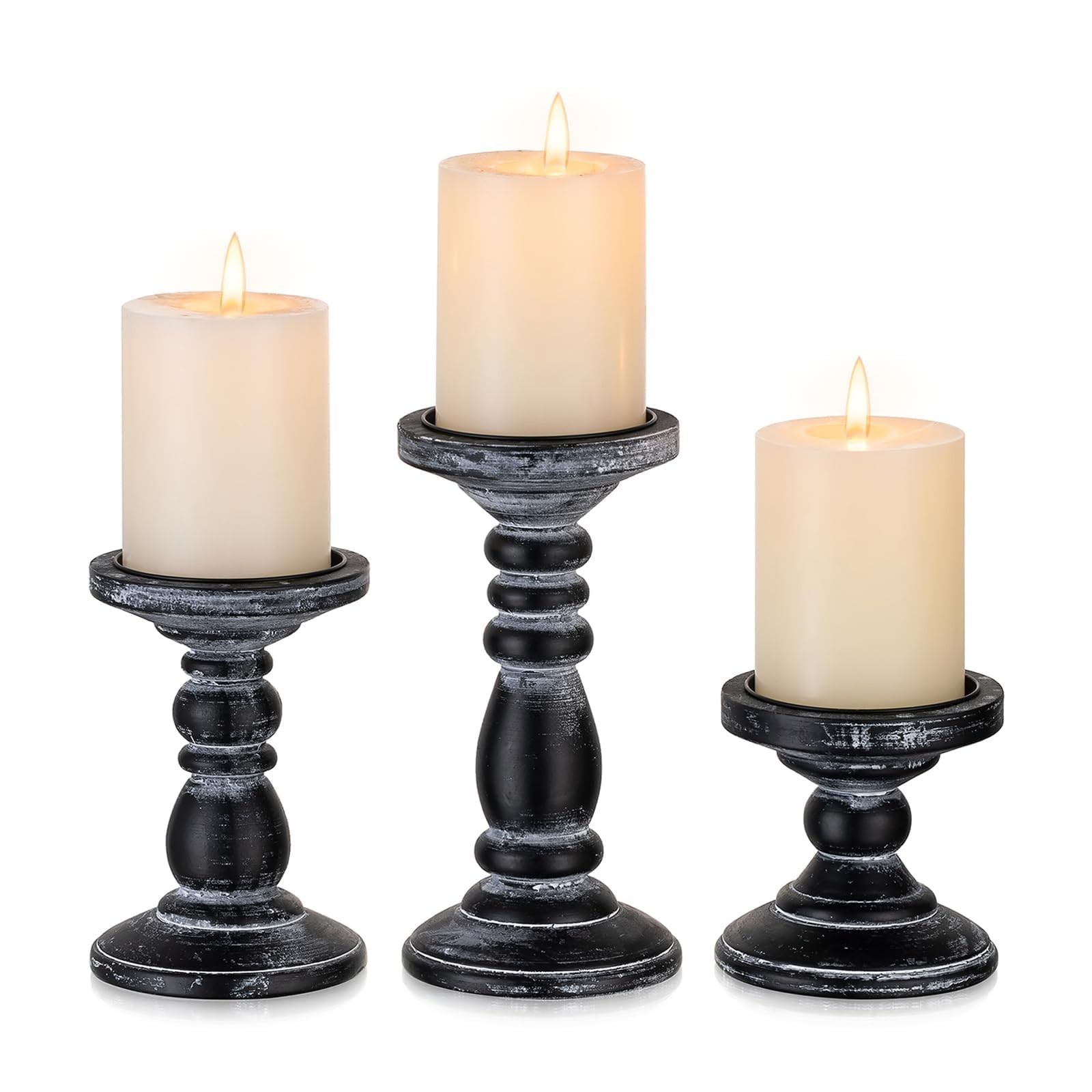 Wood Pillar Candle Holder: 3Pcs Rustic Black Holders for Candles Distressed