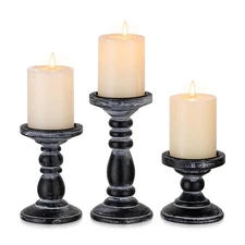 Wood Pillar Candle Holder: 3Pcs Rustic Black Holders for Candles Distressed