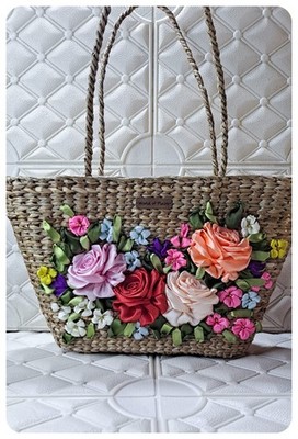 Handmade Woven Straw Tote Bag with 3D Silk Ribbon Flower Embroidery