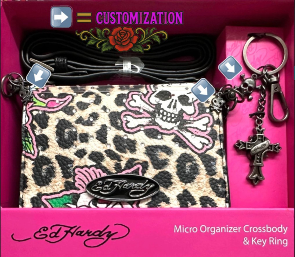 ED HARDY Gift Set Heart Skull Micro RARE! Crossbody Wallet Purse & Key Ring