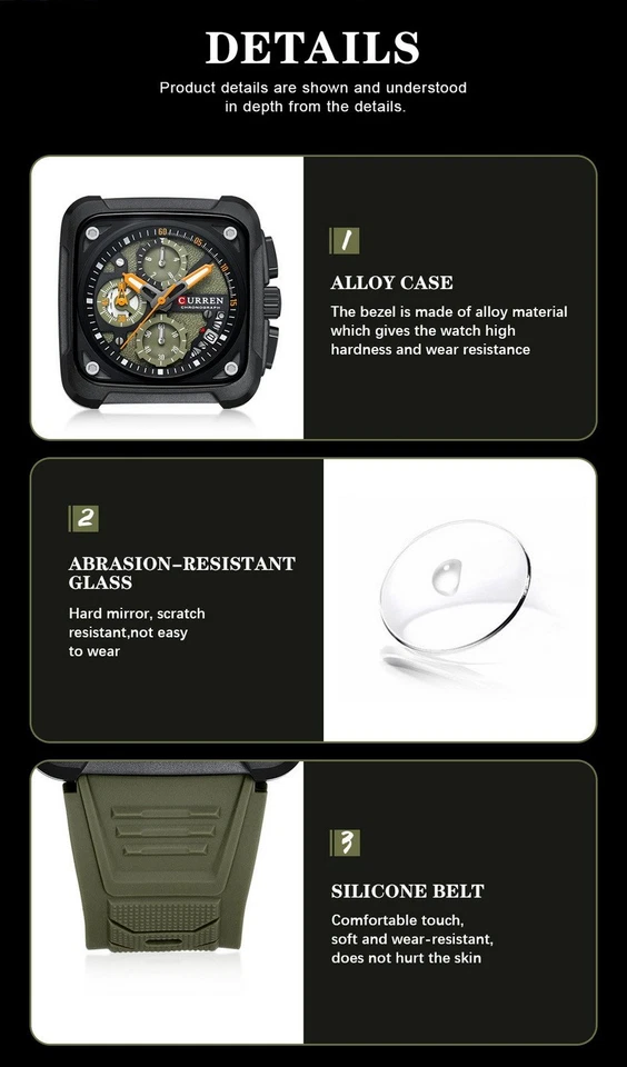 Reloj de cuarzo calendario cronógrafo multifunción cuadrado deportivo CURREN para hombre regalo Foto 4 de 4