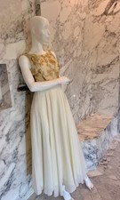 Vintage Ivory Chiffon Evening Gown Gold Embroidered Formal Dress USA Size 5/6
