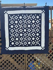 Navy Tan Pinwheels Extra New Throw Quilt, 72 square, Handmade
