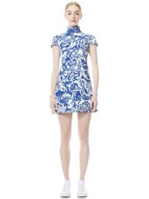 Alice + Olivia Karisse Mock Neck Tiered White Blue Floral Mini Dress Size 2