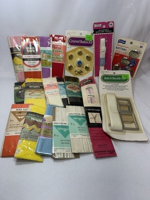 Vintage Large Sewing Notions Lot Buttons, Thread, Binding, Rick Rack Bias Tape