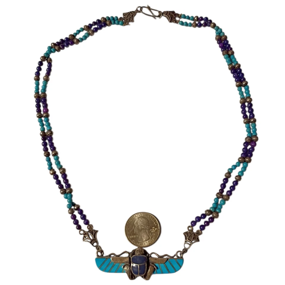 ART DECO EGYPTIAN REVIVAL SCARAB STERLING SILVER LAPIS Lotus Clasp NECKLACE - Image 4 of 4