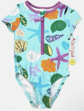 Cat & Jack Toddler Girl Zip Up Ocean Short Sleeve Swim Suit 50+ UPF 3t