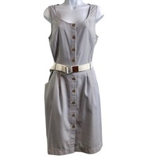 Tahari Women's Gray Pinstriped Belted Button Front Dress Size 12 Preppy Coastal