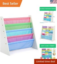 4-Tier Kids Bookshelf, White Wood/Pastels - Book Shelf for Kids Rooms with F...