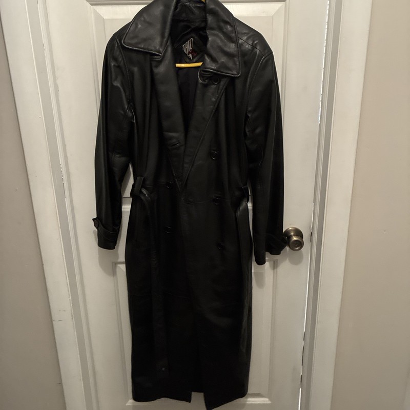 Tibor Black Leather Coat  Medium    Approx. 50 inches long  Used