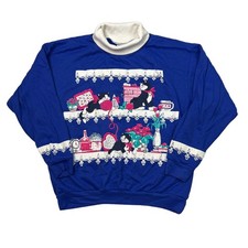 Vintage 90s Cats Flowers Graphic Turtleneck Sweatshirt Blue Girls Youth L 12/14