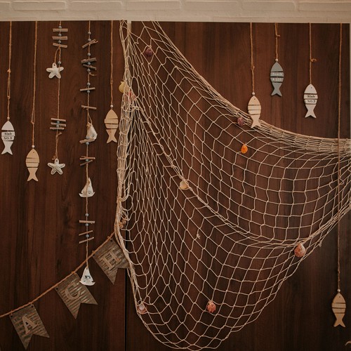 Fishing Net Decor, 80" x 60" Fish Net Decor with Sea Shells, Blue - Picture 5 of 6