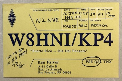 Vintage QSL Post Card, W8HNI/KP4, N1NVE Rio Piedras Puerto Rico