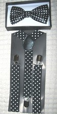 Teens Black White Polka Dot Pre-Tied Strap Bow Tie Adj Y-Back Suspenders-New 