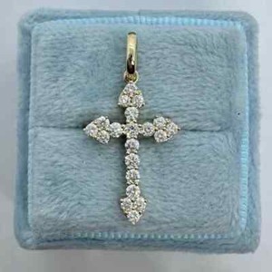 Authentic 0.46Ct Round Cut Moissanite Small Catholic Cross Pendant 14K Yellow Gold Plated