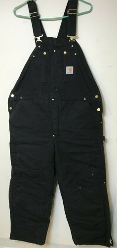 MENS USED CARHARTT BLACK CANVAS HEAVY DUTY OVERALLS BIBS SIZE 42X30