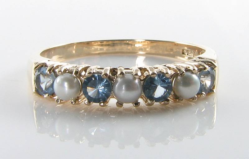 9K 9CT GOLD AQUAMARINE PEARL ETERNITY BAND ART DECO INS STONE RING Size O