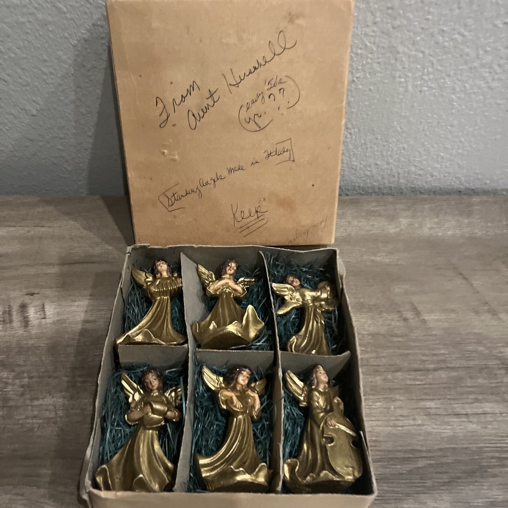 Vintage Angels Gold Gilded Plaster (6) MADE IN ITALY Christmas Ornaments W/box