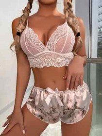 Sexy Floral Print Contrast Lace Satin Pink Lingerie Set Bra Shorts Intimate US