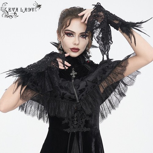 Eva Lady Women Gothic Punk Beaded Feather Lace Wrist Decoration Gloves - Picture 7 of 27