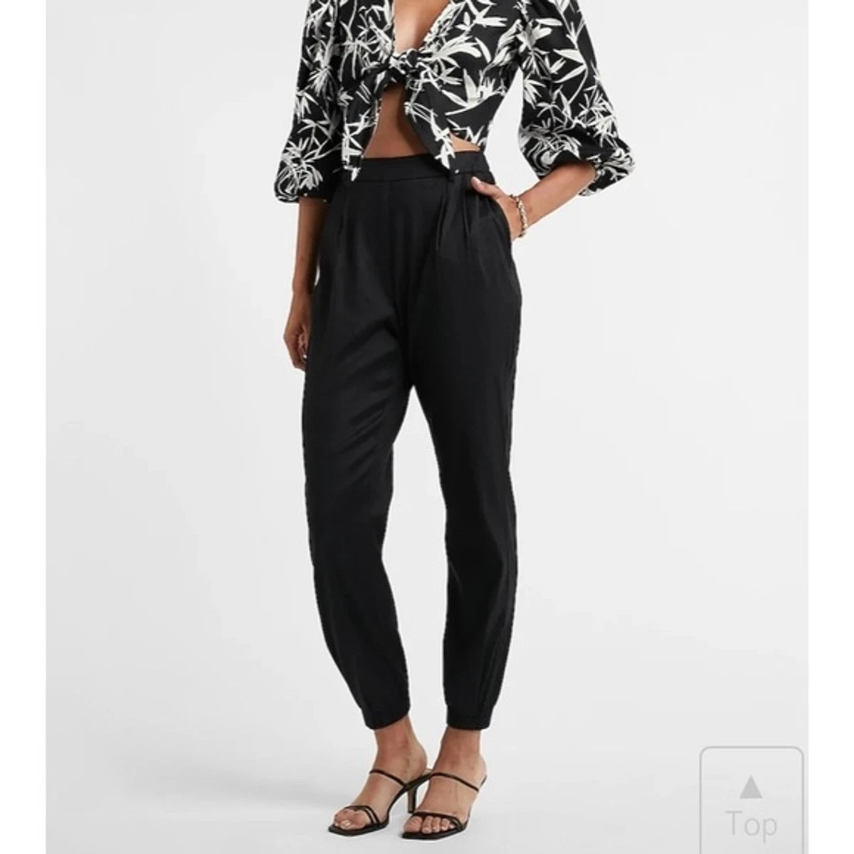 Express High Waisted Linen Blend Pull On Ankle Pant Black Size XL