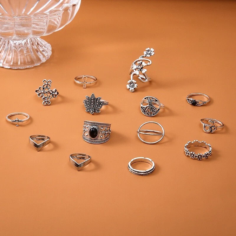 Juego de 14 piezas anillo abierto retro de plata con dedos Bohemia flor árbol de la vida regalo 2083 Foto 2 de 2