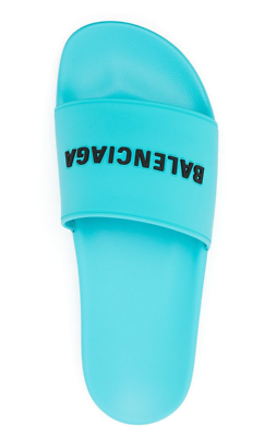 Balenciaga Turquoise Slide Sandals with Black Logo Balenciaga Turquoise Blue Rubber Black Logo Slide Pool  main image 4