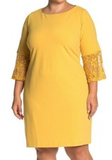 Sharagano 3/4 Lace Bell Sleeve Sheath Day Dress 24W Autumn Gold Yellow NWT $109