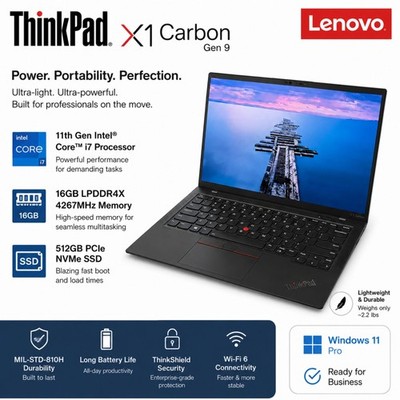 Lenovo ThinkPad X1 Carbon Gen 9 i7 11th Gen 16GB RAM 512GB SSD Win 11 Pro