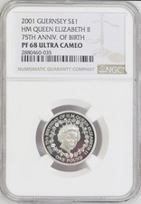 1/0 TOP POP - 2001 Guernsey Silver £1 Queen Elizabeth II 75th Birthday NGC PF 68
