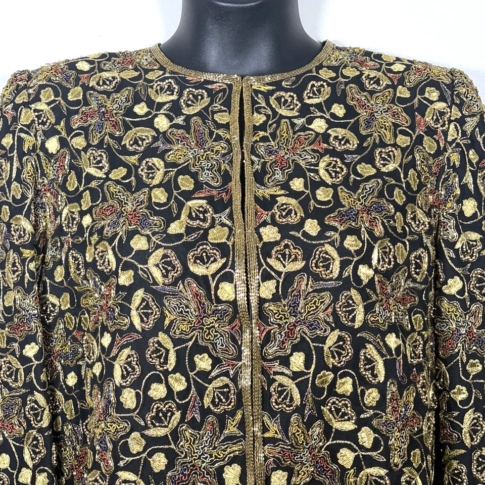 Chaqueta Scala Vintage XL Dorada Cuentas Seda Fiesta Bordada Cóctel Formal Negra Foto 3 de 4