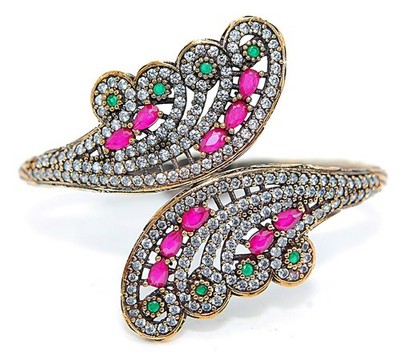 Ottoman Empire Style 6CT Treated Emerald & Ruby 925 Sterling Silver Bracelet 