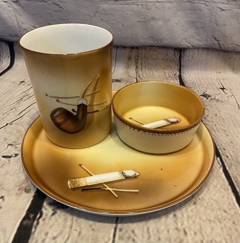 Vintage Nippon Smoking Set 1920's Hand Painted Set of 3 Porcelain