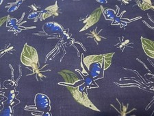 Navy Blue Ant Leaf Fabric 35" x 20" Cotton Remnant Entomology Bug Nature OOP