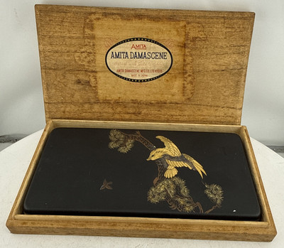 Vtg Japanese Amita Damascene Cigarette Case Mixed Metal Gold Silver Inlay Box