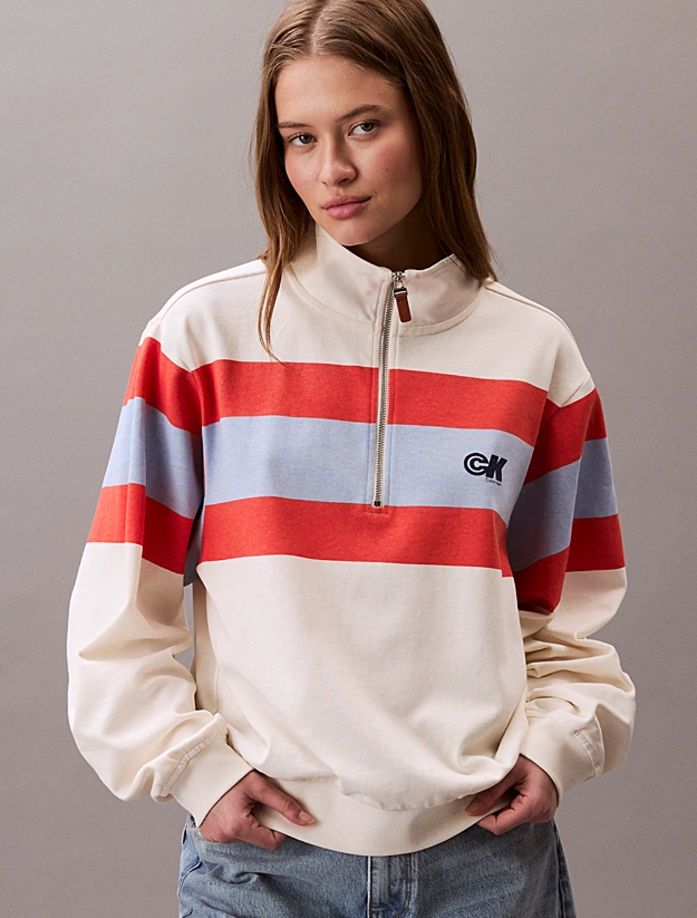 Calvin Klein Womens Rugby Stripe Quater Zip Sweatshirt Tofu Combo Stripe 47C229G thumbnail 2