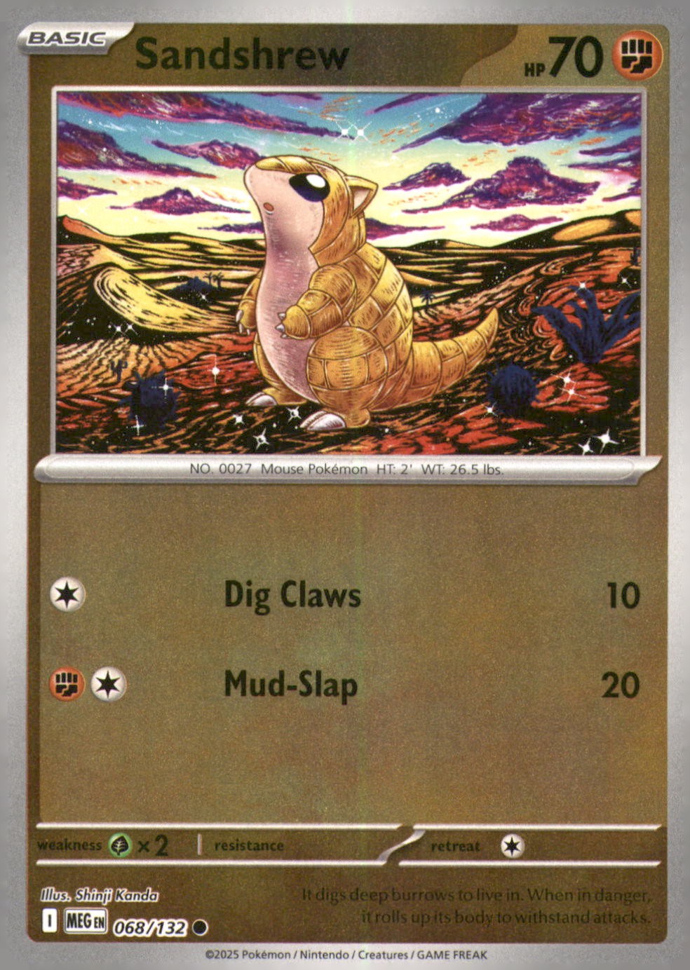 SANDSHREW 068/132 COMMON MEGA EVOLUTION POKEMON REVERSE HOLO NEAR MINT