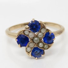 NYJEWEL Antique 10k Gold Blue Stone Seed Pearl Ring Signed HB Heintz Brothers?