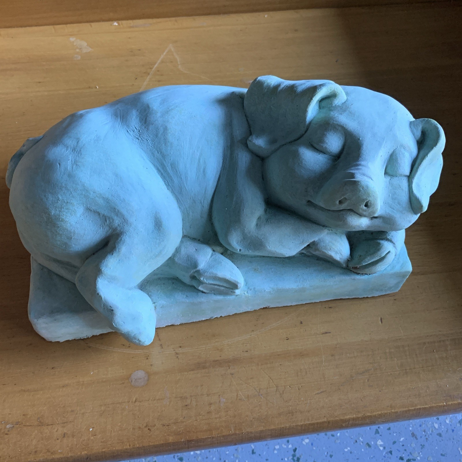 NICHOLS Bros Stoneworks Sleeping Pig Cement Garden Statue GREEN See Description