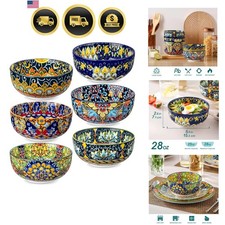 Colorful Ceramic Soup Bowls Set of 6 Bohemian Style Durable Microwave Safe