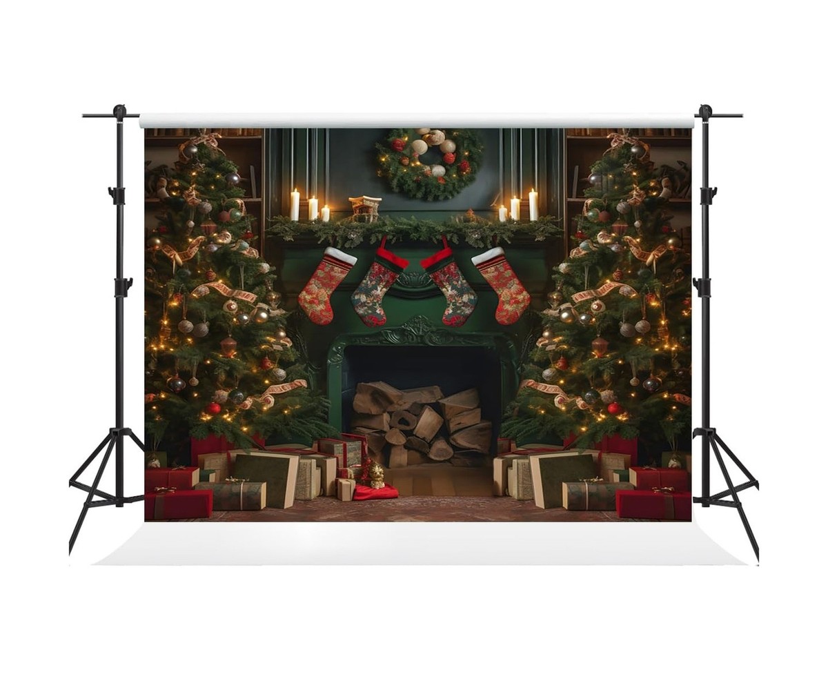 Xmas Photoshoot Props 10x10ft Christmas Backdrop - Green Fireplace Tree ...