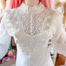 Vintage 1970s Wedding Dress Prairie Chiffon Lace Victorian Long Sleeve High Neck