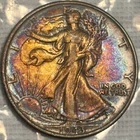 1943 Toned Walking Liberty Half Dollar in Fine Condition 🔥🔥Rainbow Toning🔥🔥