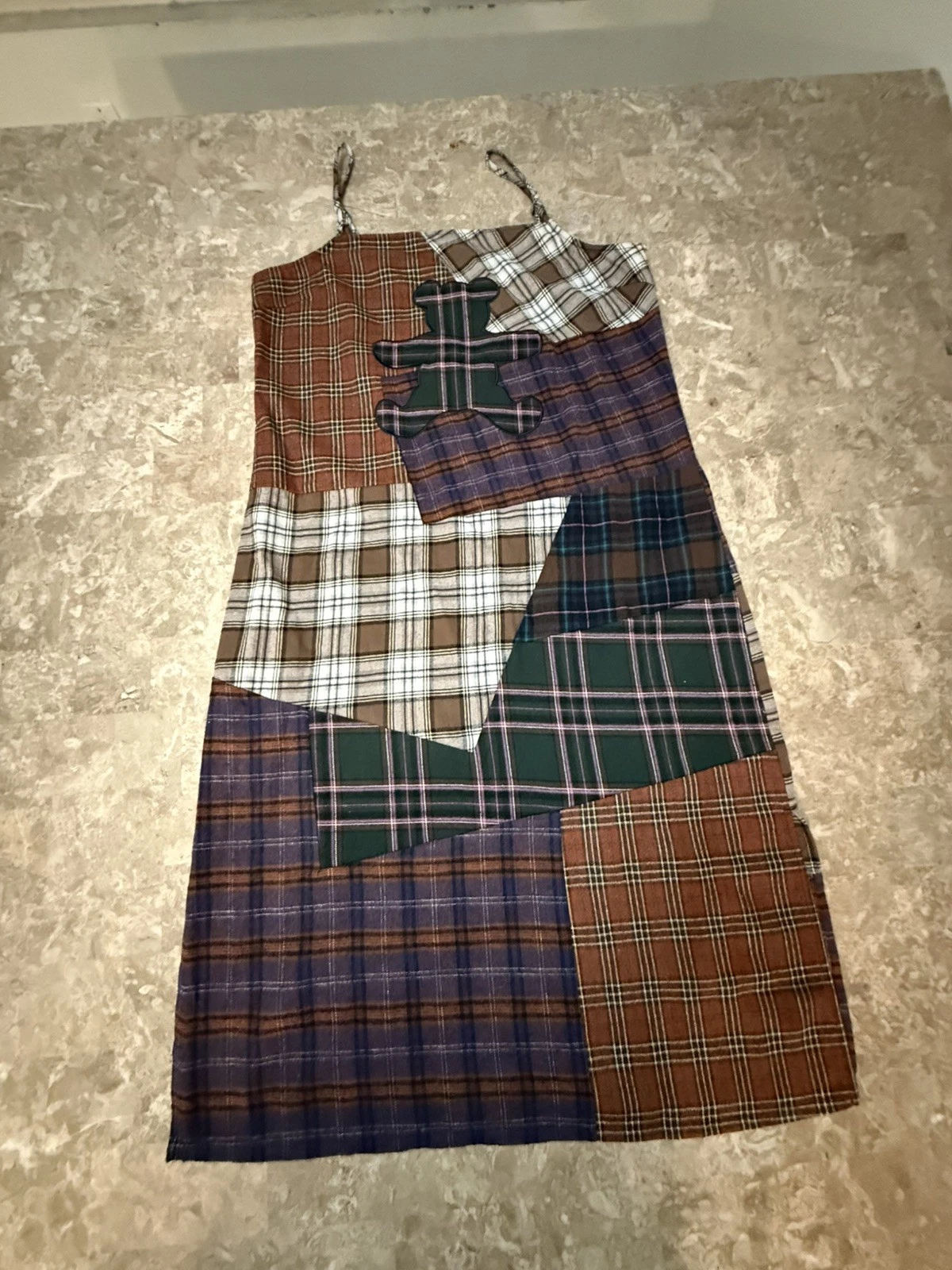 teddy fresh large jumper overall dress plaid brown sleeveless teddy bear logo