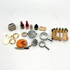Vintage DollHouse Kitchen Cookware Toaster Cans Bottle Plates Cheese Utensils