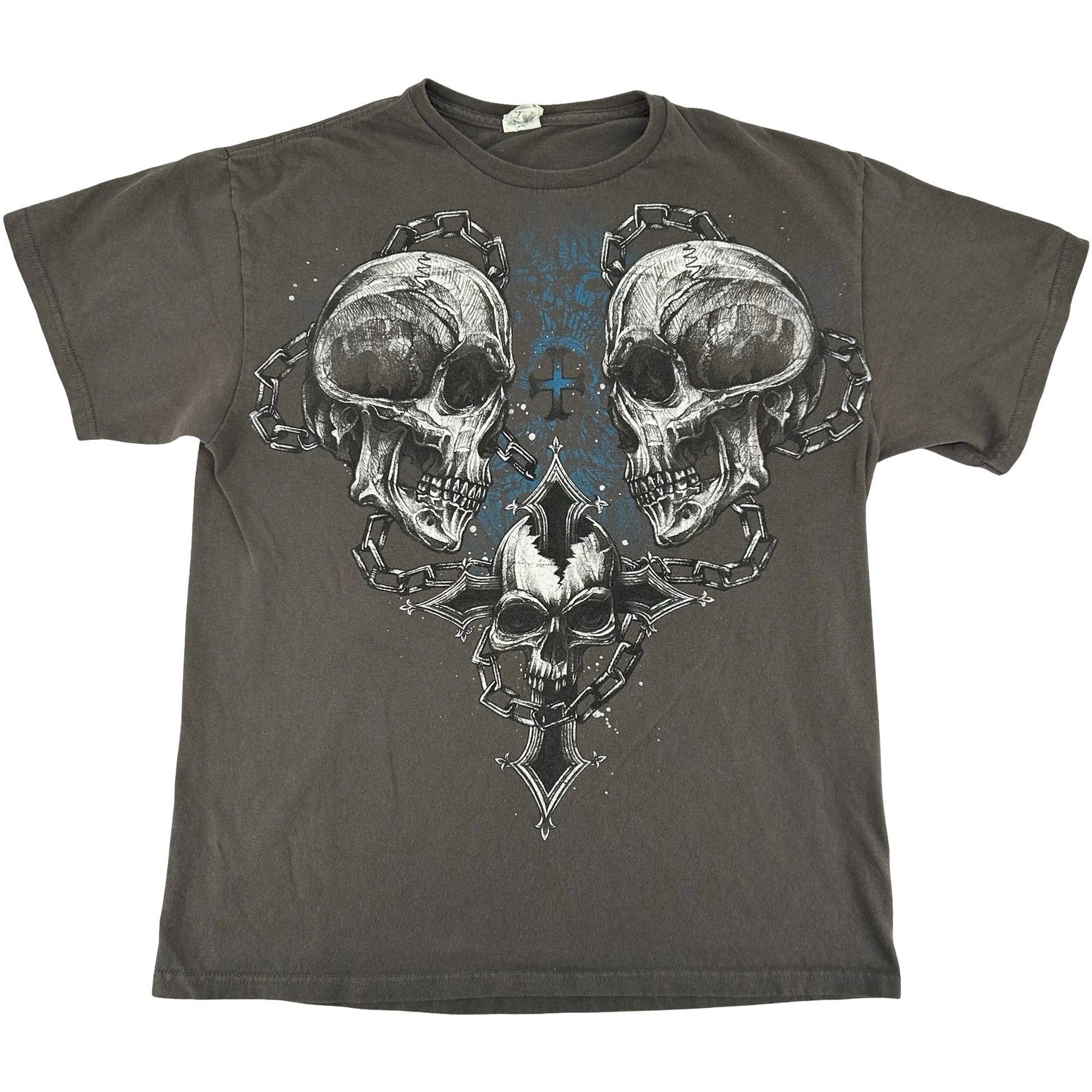 Vintage y2k Men's Grey Delta Pro Weight Skull Chain Cross Graphic T Shirt Sz L
