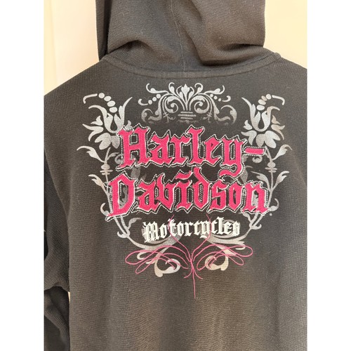 Harley-Davidson Womens Black Thermal Hoodie Pink Graphic Rose Waffle Knit 1W
