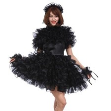  Sissy Maid Black Satin Organza Lockable Dress Cosplay Costume Tailor-made