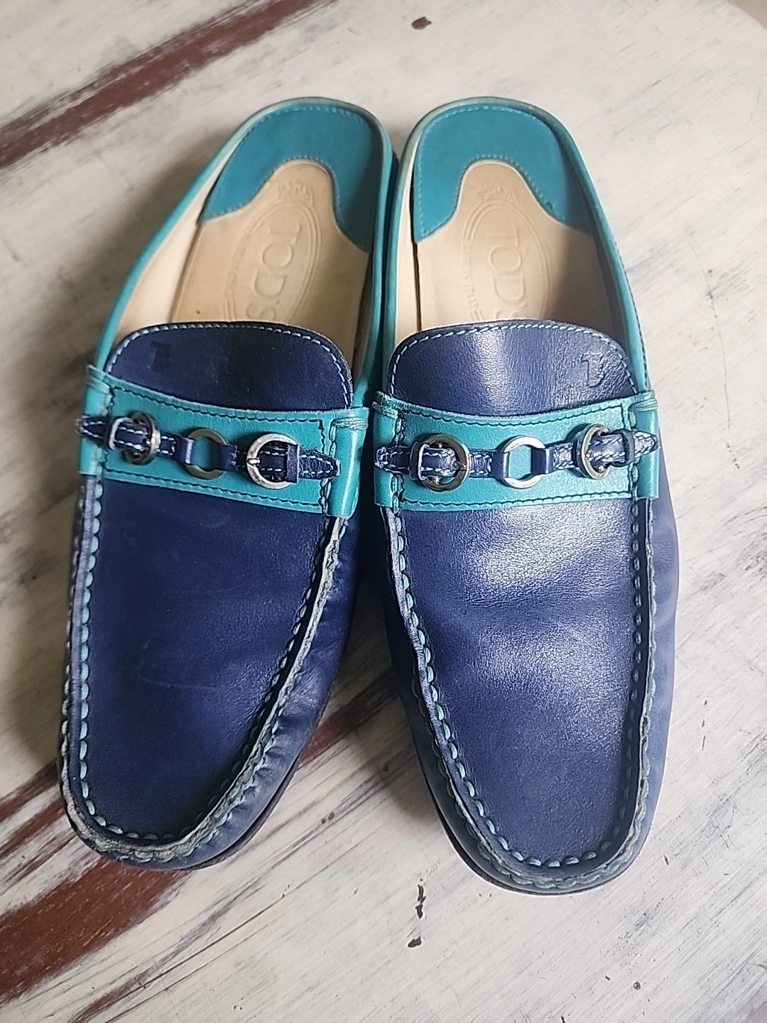 TOD’S TOD'S Mules in pelle blu e verde acqua taglia 8 5